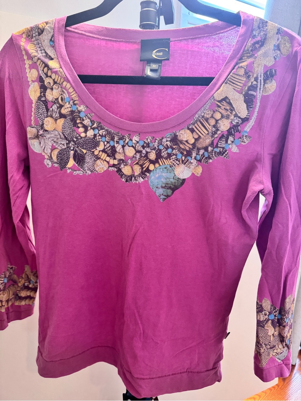 Just Cavalli Dusty Pink Seashell & Gem Print Long Sleeve Scoop Neck Top